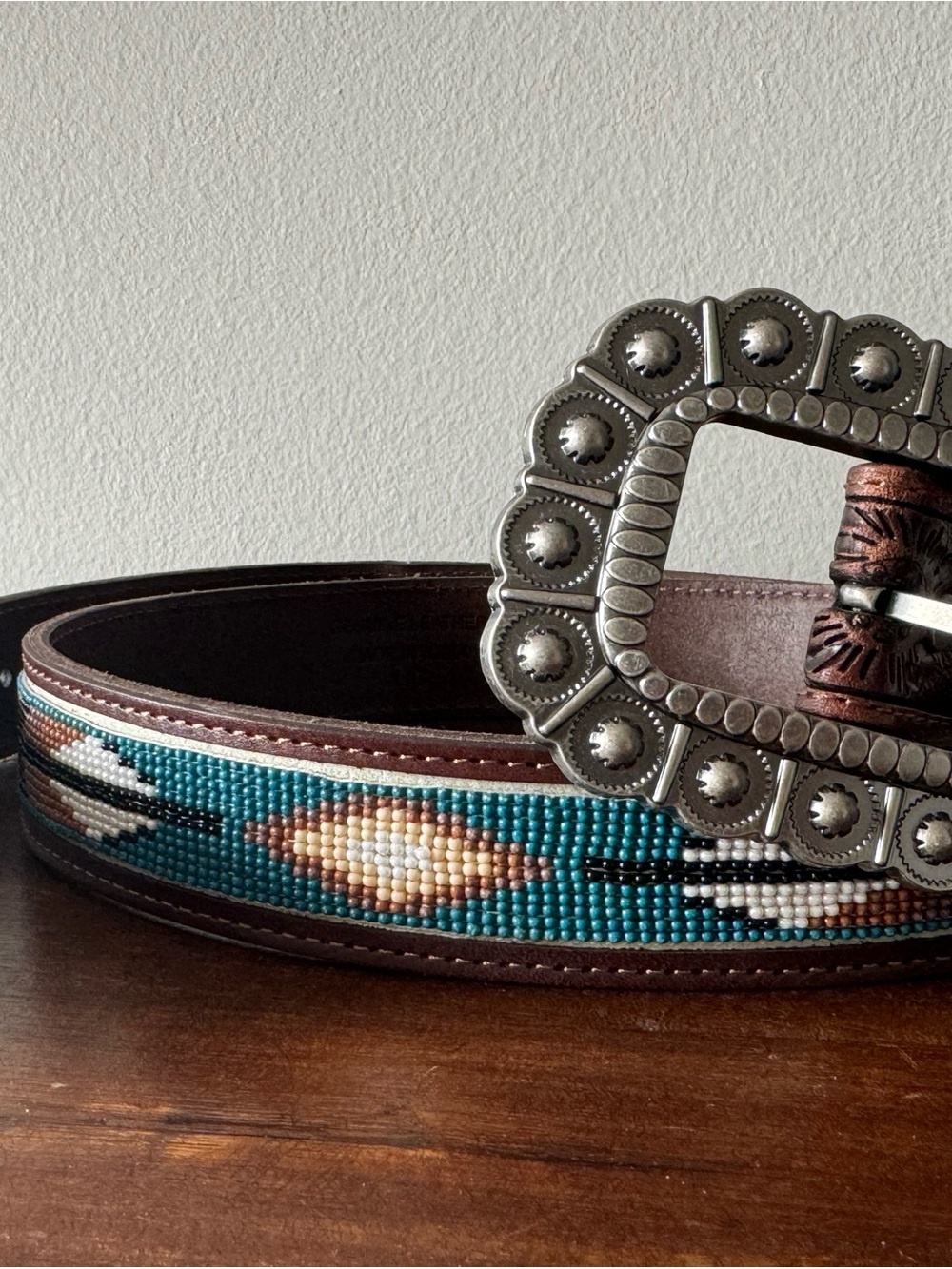 Idyllwind Turquoise Beaded Leather Belt with Silver Concho Buckle